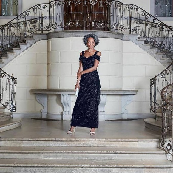 Alex Evenings Navy Blue Sparkle Off The Shoulder Ruched Gown 18W - Picture 11 of 11